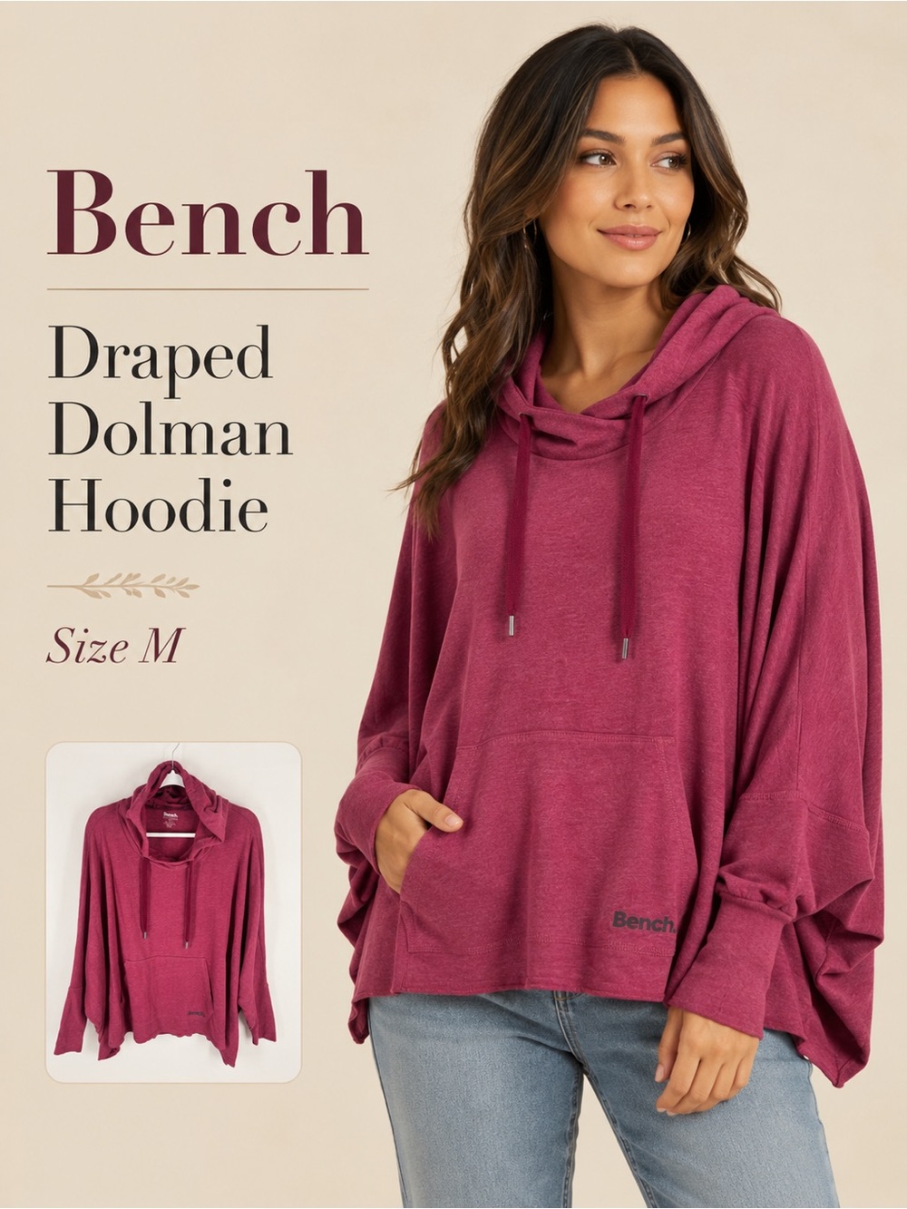 Bench Draped‎ Dolman Hoodie Size M Pink Oversized Pullover Top